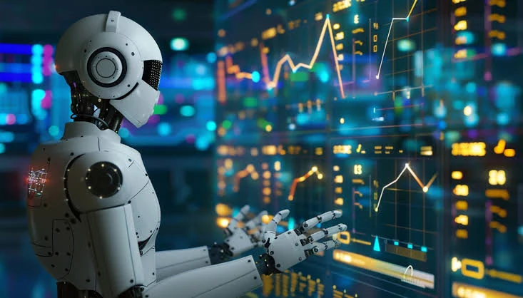 A white humanoid robot reaching toward a glowing screen of charts and data